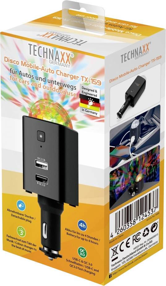 Technaxx Disco Mobile-Auto Charger TX-159 Max. load capacity=2.1 A 12/24 V, 5 V via USB