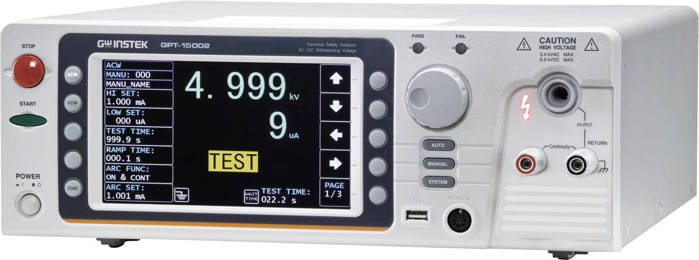 The image shows a testing device with a digital display indicating 4,999 kV voltage and 9 μA current. Marked with 'TEST'. Rotary dial and connections on the right.