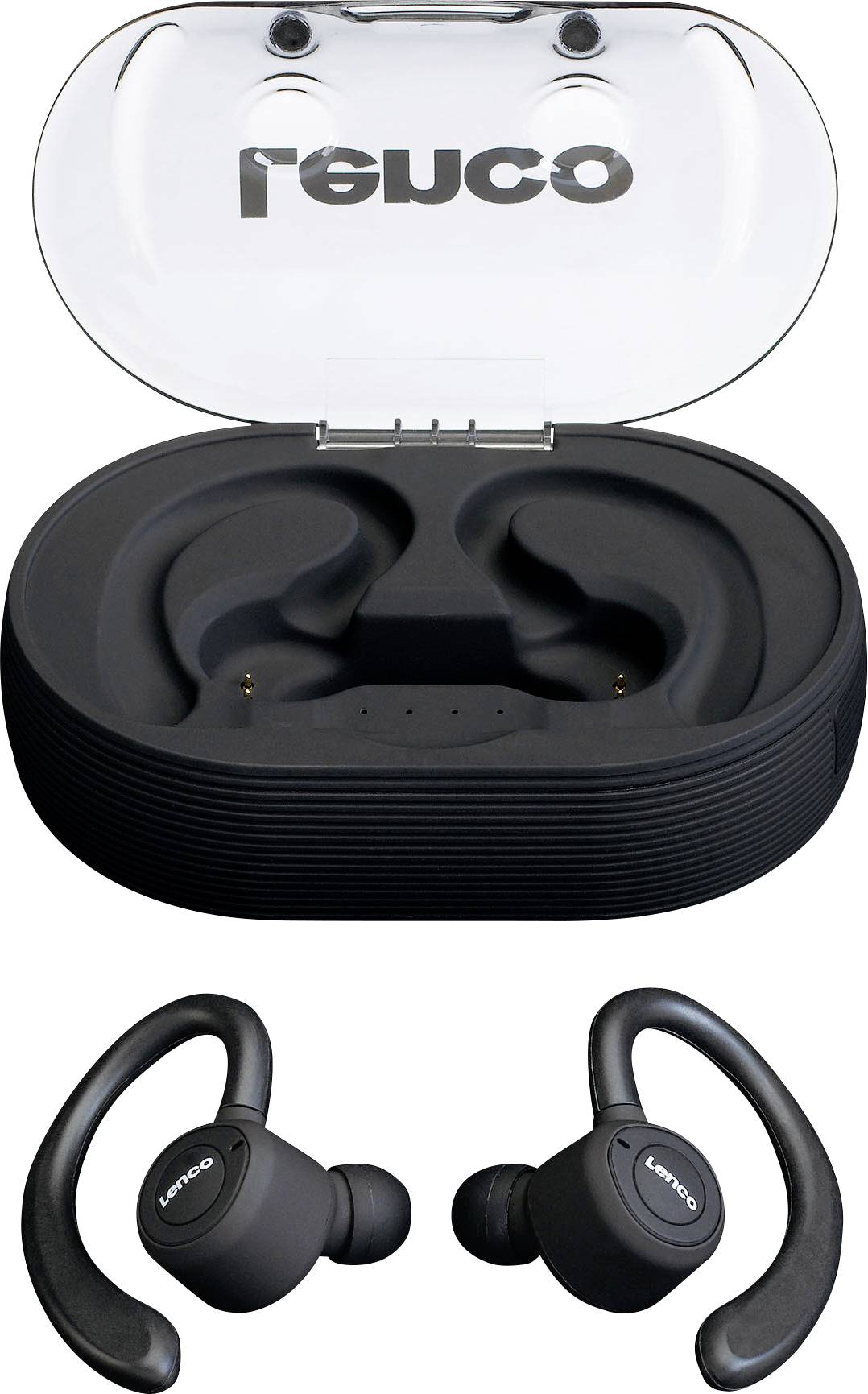 A wireless black Bluetooth headset with ear hooks and a matching charging case with the 'reJco' logo on the lid.