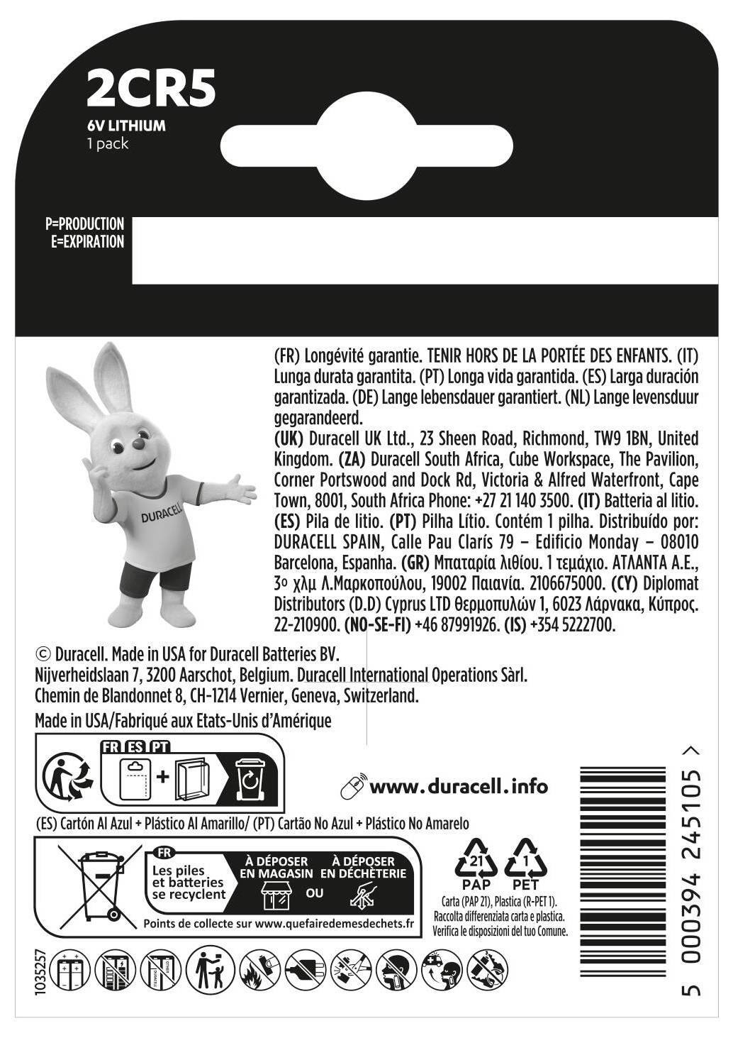 Packaging label for Duracell 2CR5 lithium battery, highlighting 6V, 1 pack. Includes product info, safety instructions, and company details.