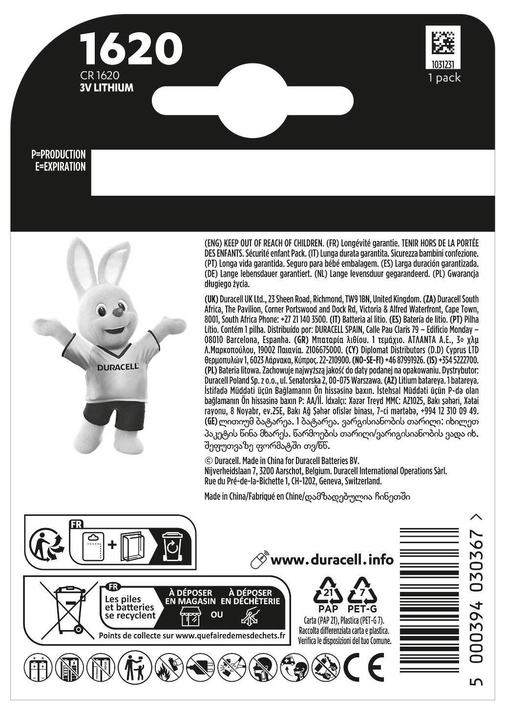Duracell CR1620 3V lithium battery pack. Features Duracell bunny mascot. Safety warnings and instructions in various languages.