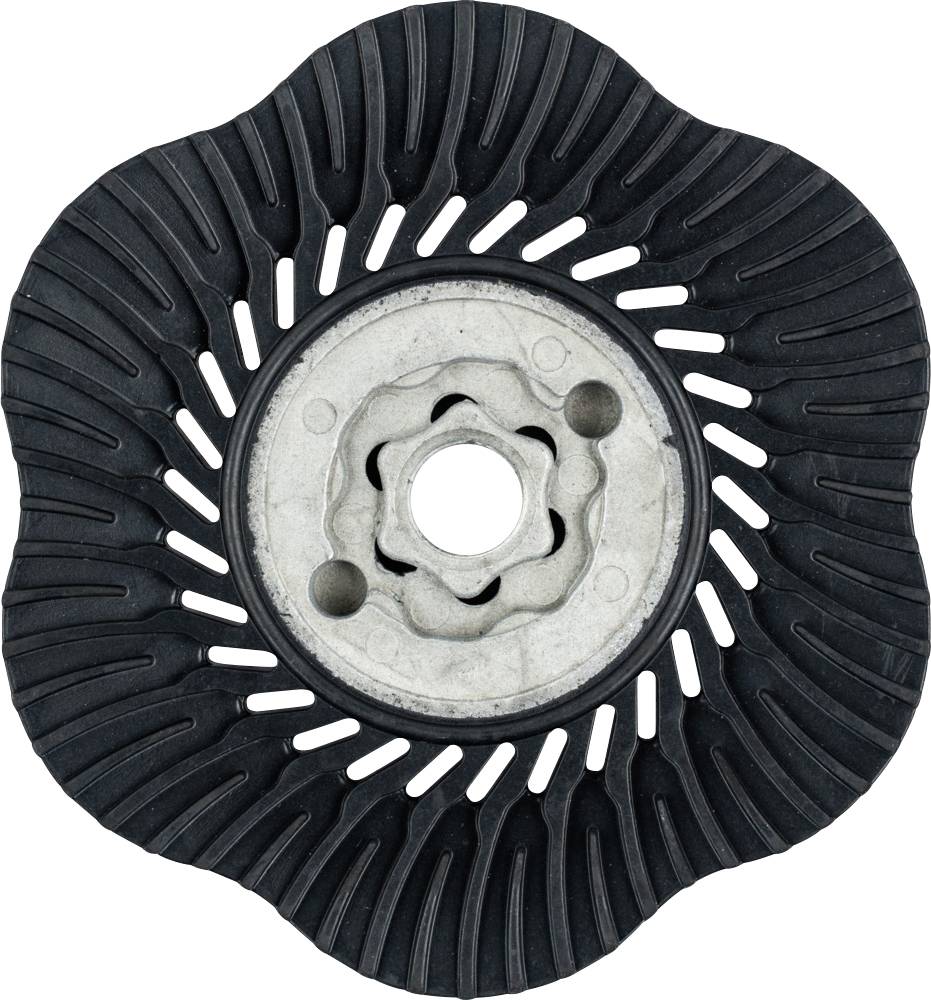 Black and silver circular mechanical disc with a wavy edge and symmetrically arranged slots on the surface.