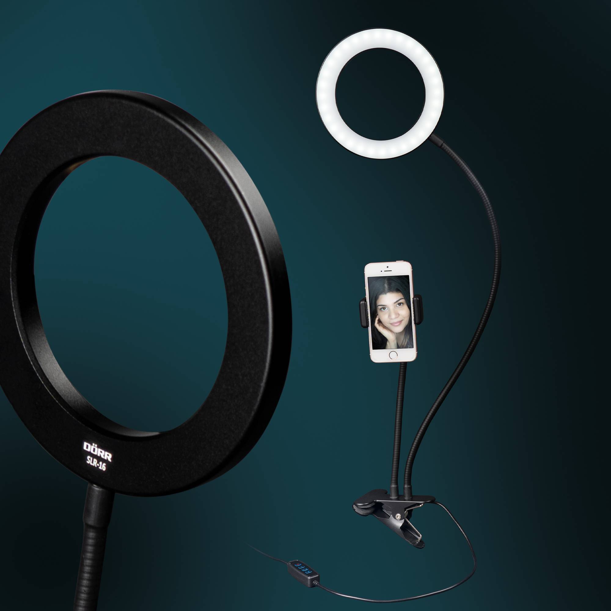 Two ring lights of different sizes, black and white, with mobile phone holder; suitable for photography or video recordings.