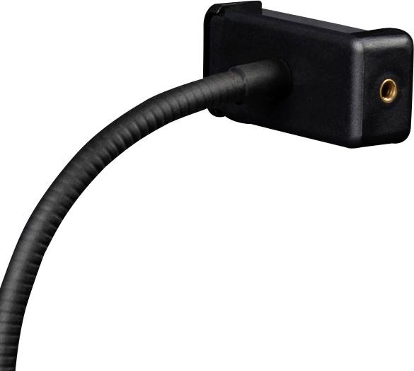A black cable with a protective sheath ends in a rectangular, angled socket with a golden opening.