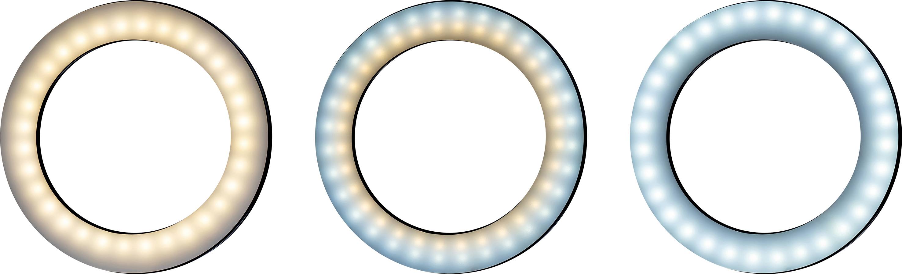 Three ring-shaped LED lights, illuminating from left to right in warm white, neutral white, and cold blue.
