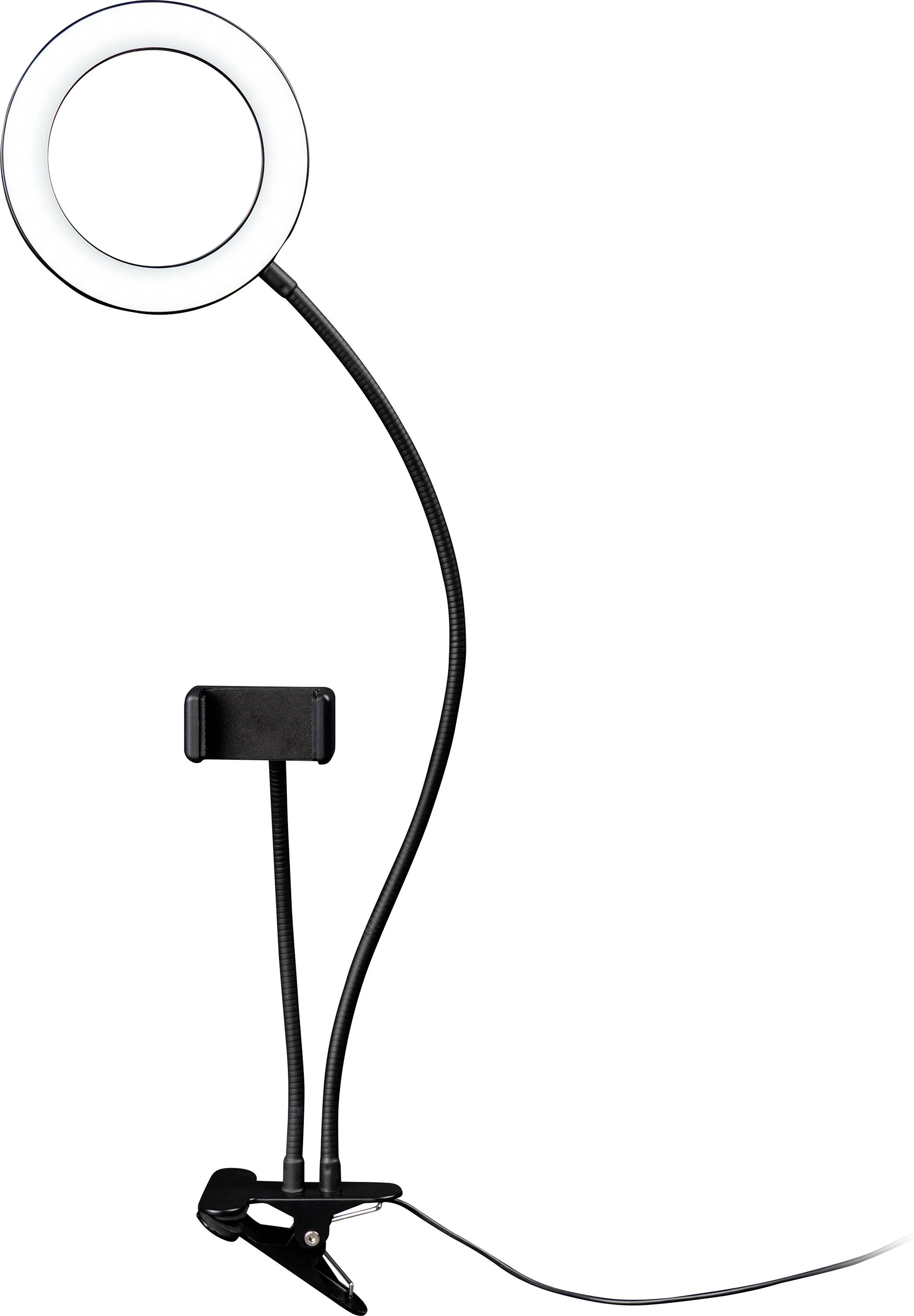 Ring light with clip mount and flexible arm. Suitable for smartphones. Perfect for video recordings or photography.