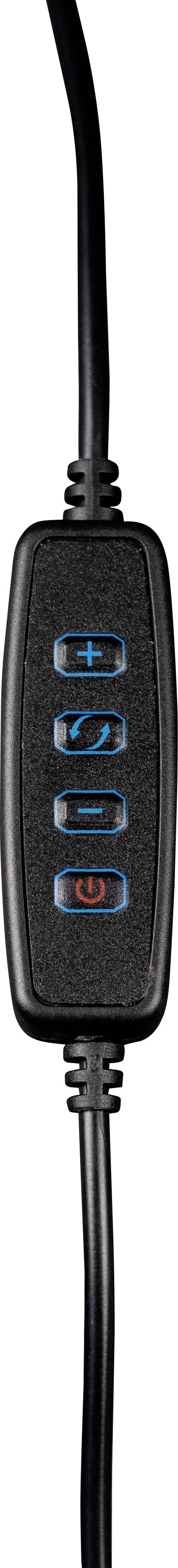 Long black cable with remote control; four blue buttons: '+', '-', 'Power' and 'Timer'; used for device control.