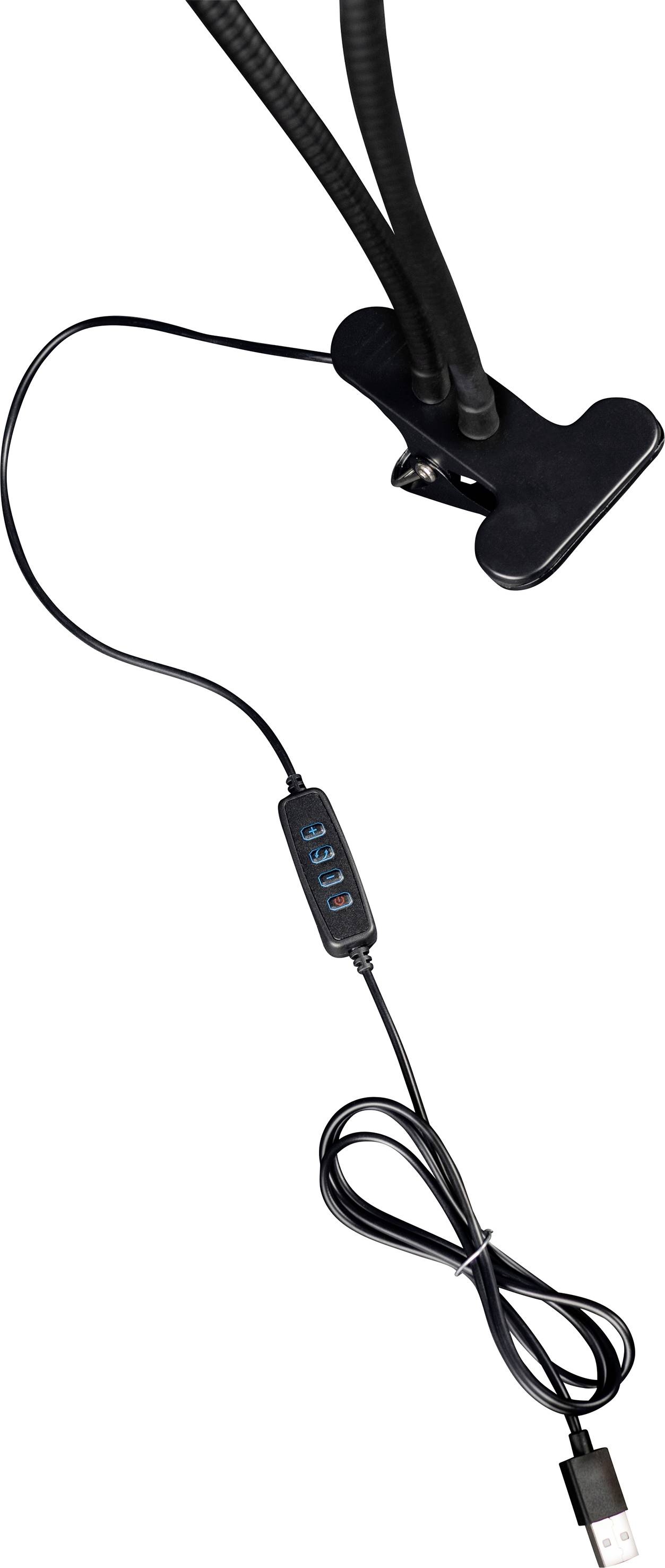 Leseleuchte mit flexiblem Hals und USB-Anschluss, schwarzer Clip-Befestigung. Ideal zum Anbringen an Tischen oder Regalen.
