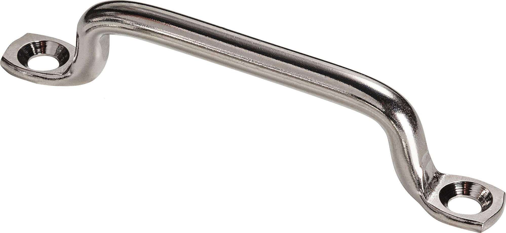 A silver metal handle with two mounting holes at the ends, commonly used for doors or drawers.