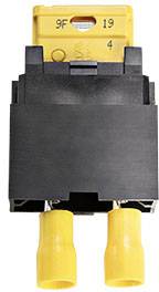 Switch with a yellow handle, black housing, and two yellow connectors at the bottom. Numbers and symbols are visible at the top.