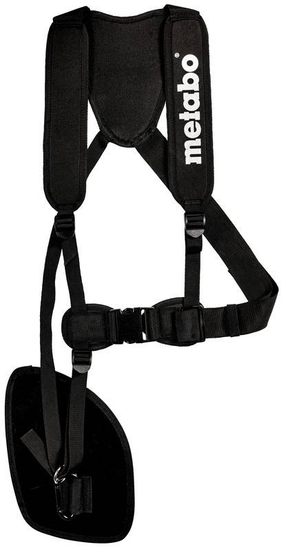 Black Metabo shoulder strap harness with padded back and waist belt, designed to support and carry a power tool or similar equipment.