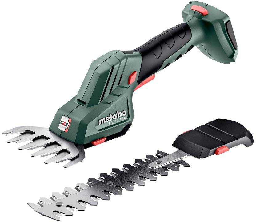 Battery-powered garden shears with a green and black body, additional trimmer attachment, and green carry case. Perfect for hedge maintenance.