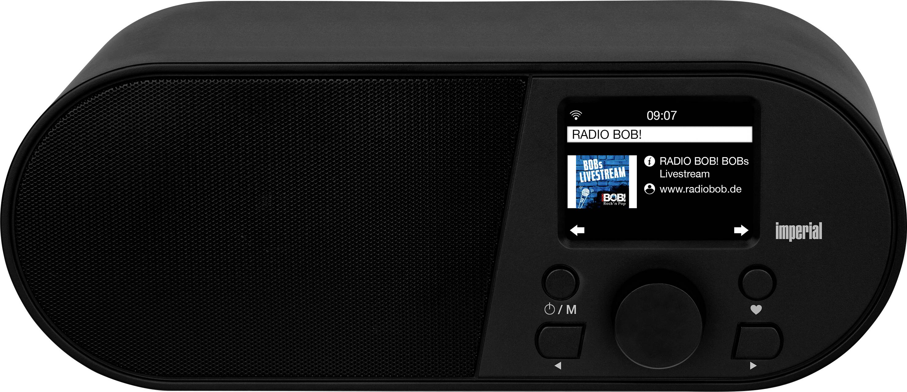 A black digital radio with a display showing the station 'Radio BOB!'. Displays the time (09:07) and volume buttons.