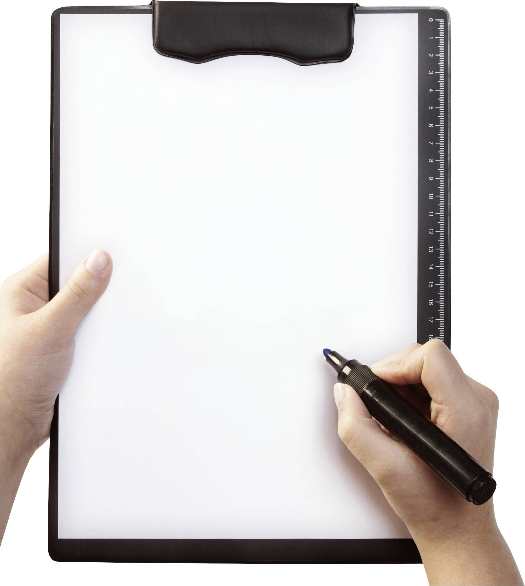 A person is holding a clipboard with blank paper and noting something down with a black pen.