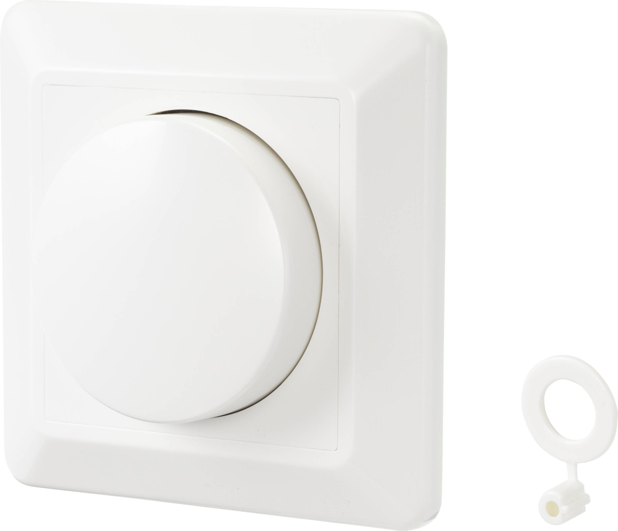 A white rotary light switch with a circular knob, mounted on a rectangular plate. A small white key-shaped attachment to the right.
