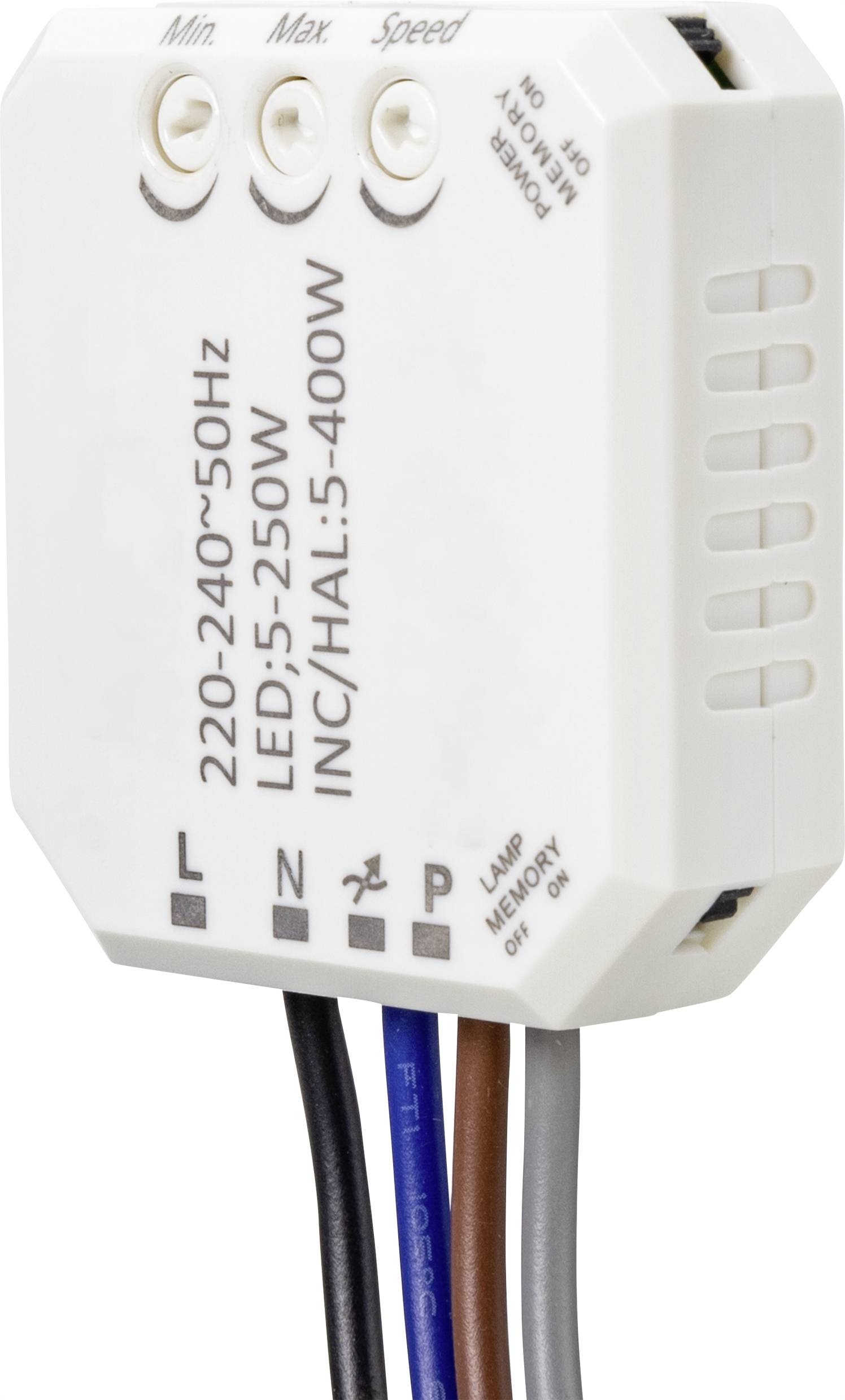 White electric dimmer switch with markings for voltage, LED and INC/HAL compatibility. Shown with multiple connection wires.