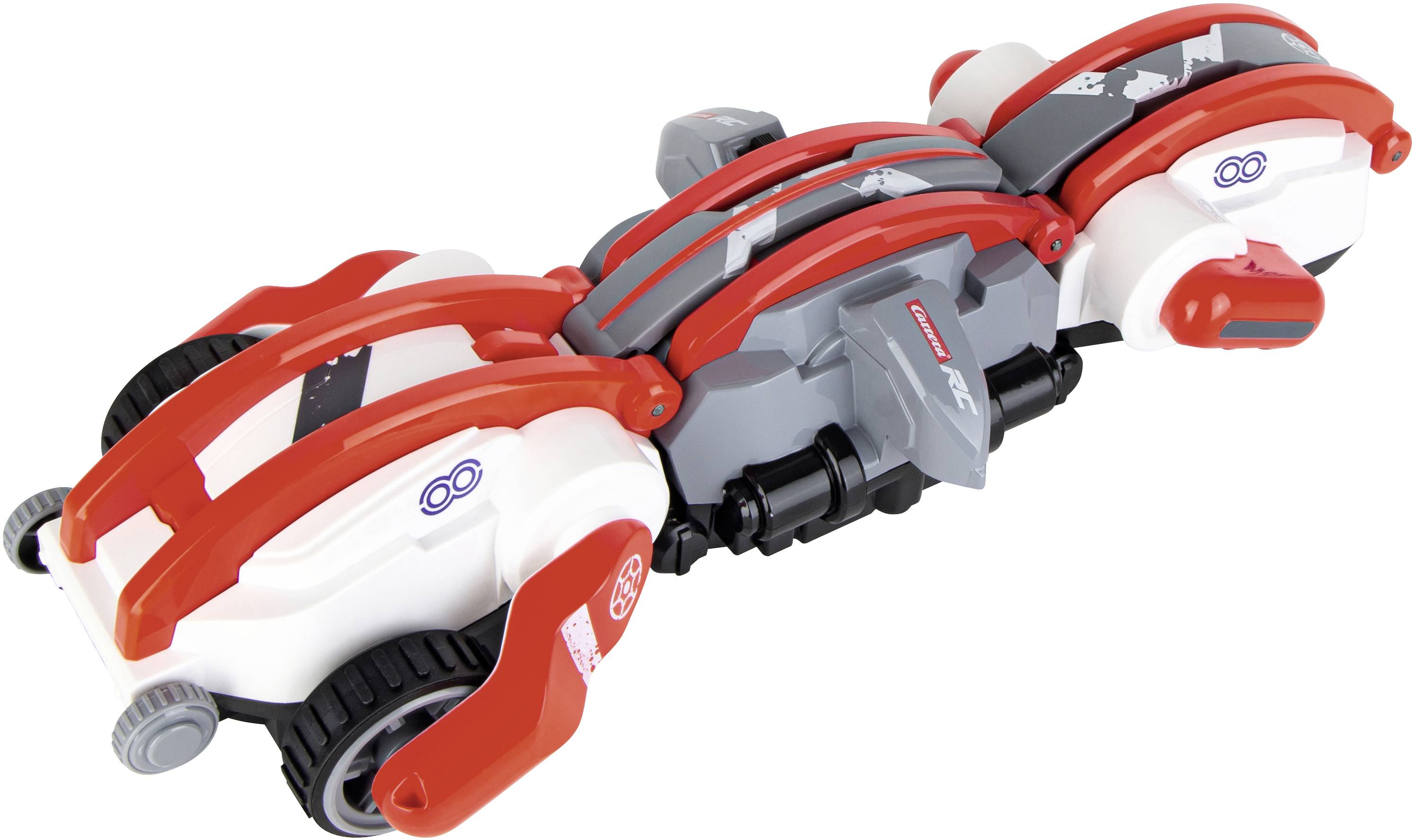 A toy vehicle with a white and red design and multiple wheels, featuring futuristic elements and an aerodynamic shape.