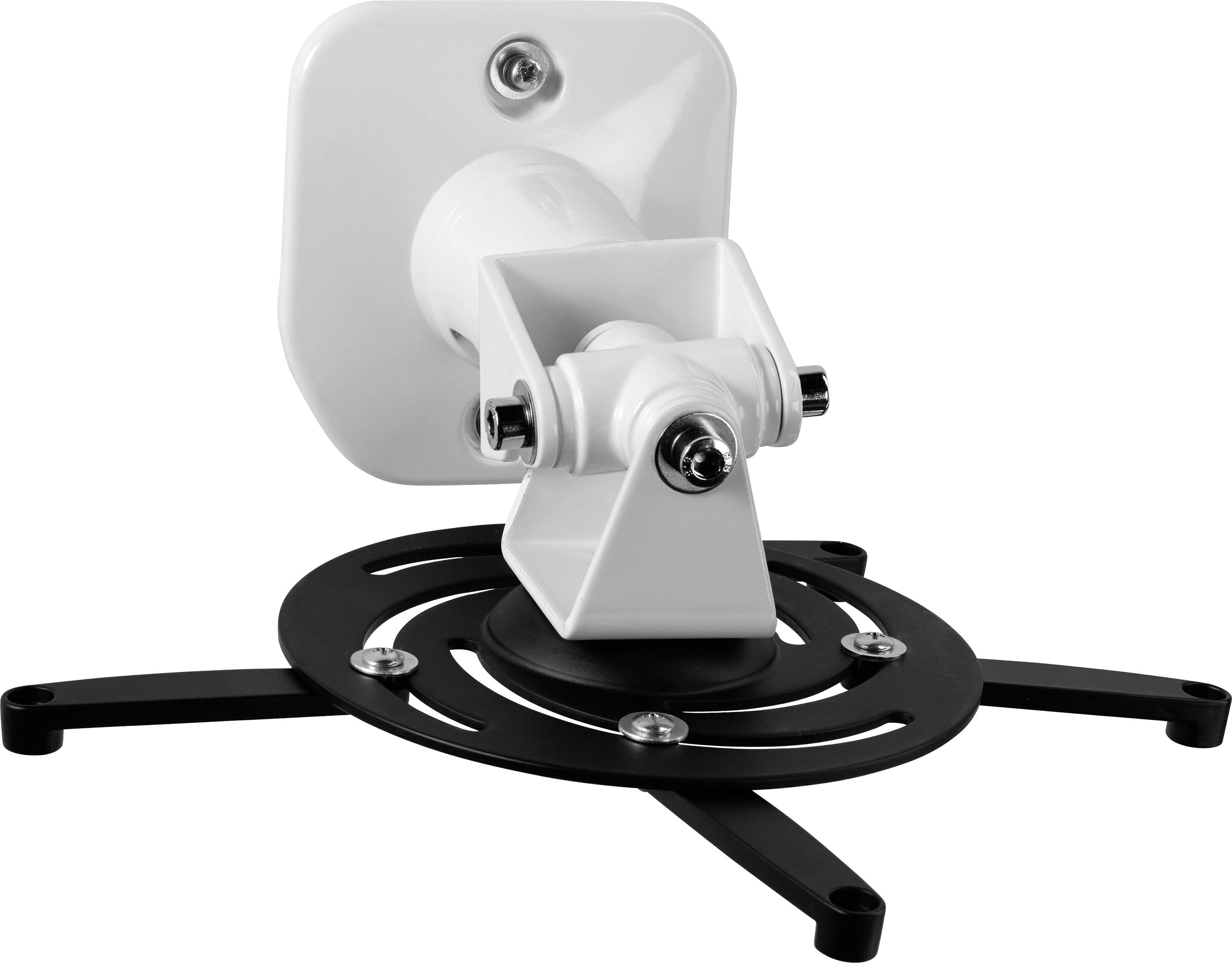 A white ceiling mount for projectors with a black base and adjustable arms. Suitable for mounting on ceilings.