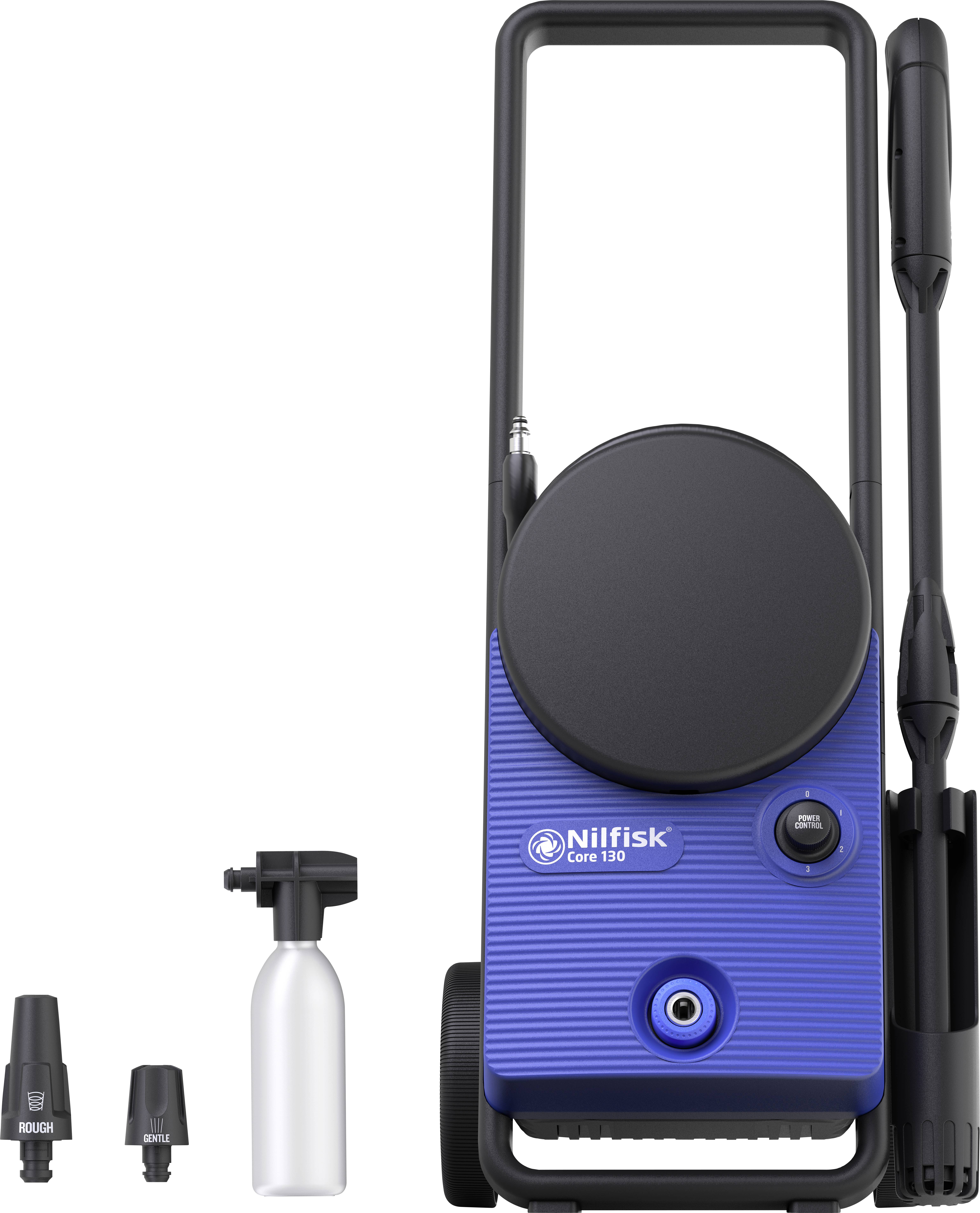 Blue high-pressure washer with black wheels and accessories: two nozzles, spray bottle, and spray lance. Brand 'Nilfisk Core 130'.