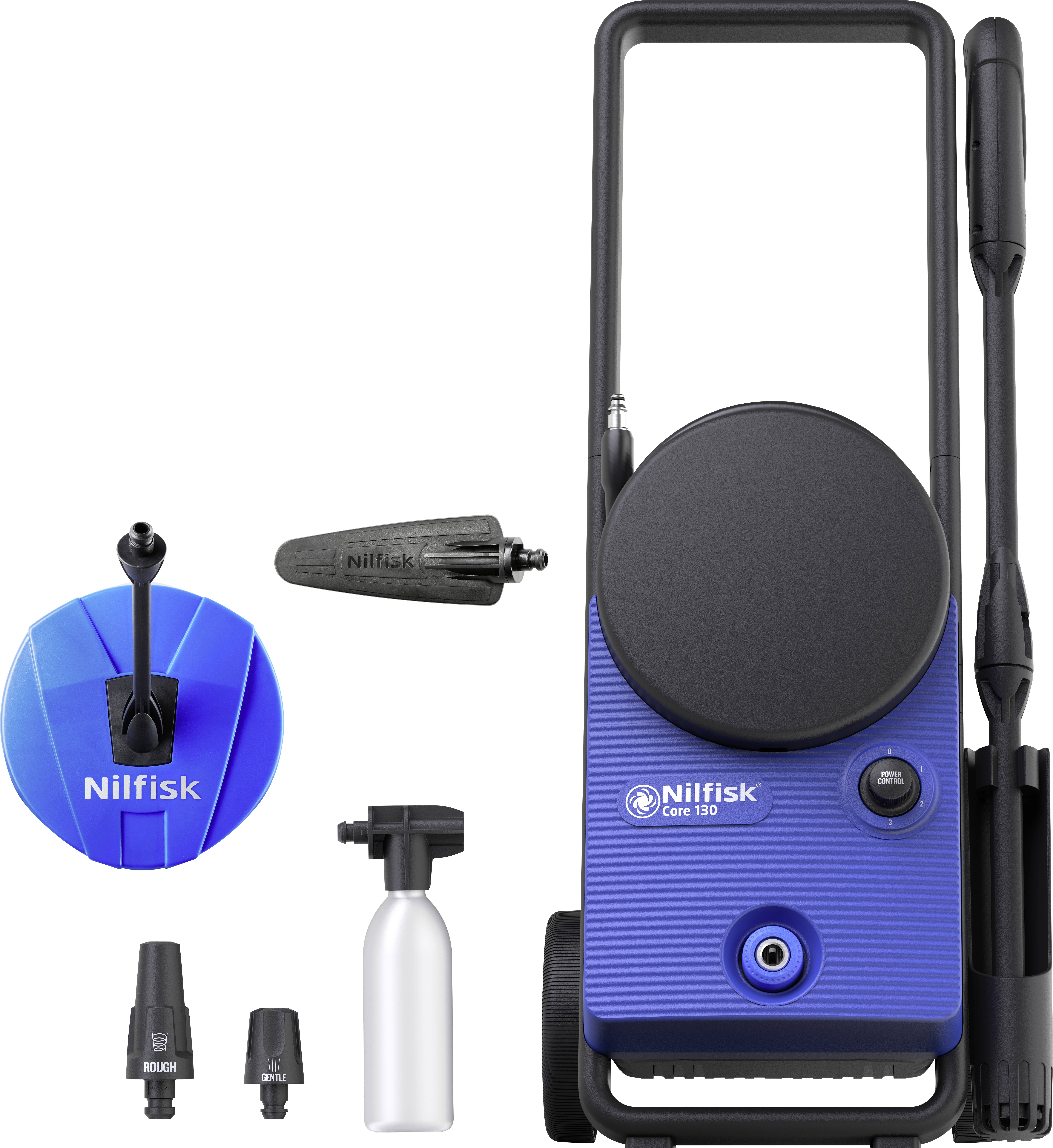 A blue Nilfisk pressure washer with a long handle and various nozzle attachments, including a blue round brush.