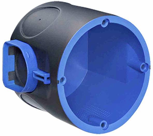 Round, blue and black hollow wall box with side opening, for electrical installation in plasterboard walls.