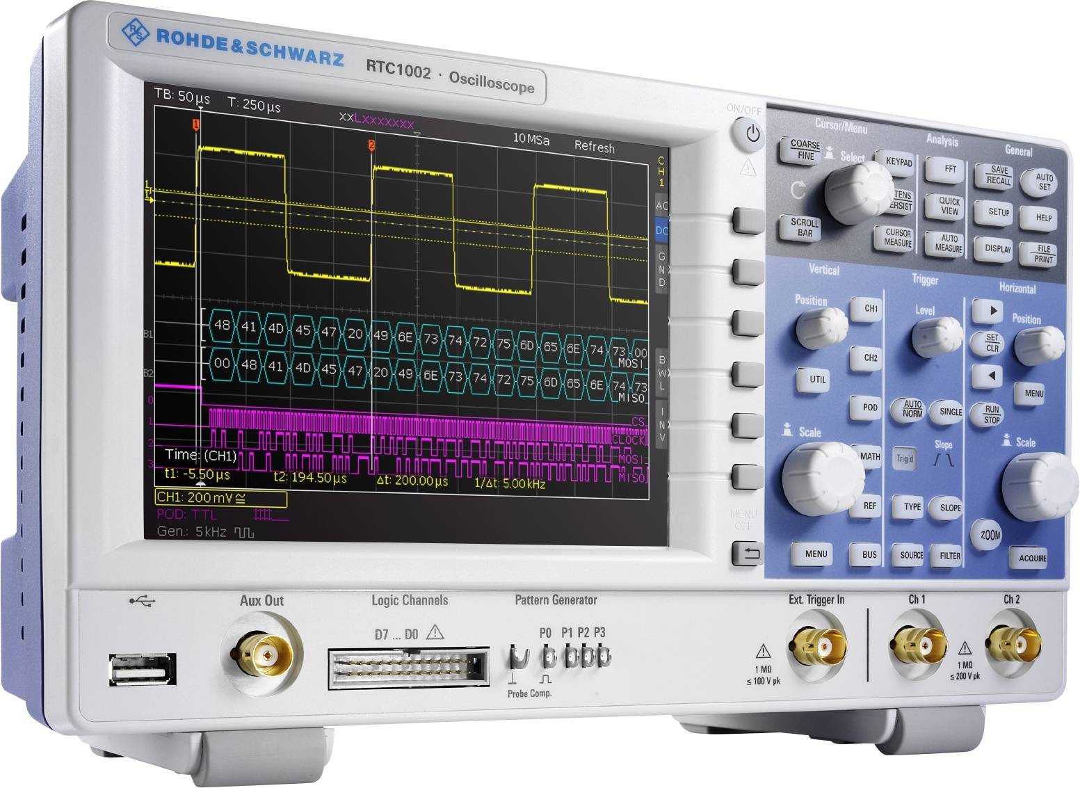 Digital oscilloscope with a screen displaying two signal waves in yellow and pink. Control knobs and connections are located on the front panel.