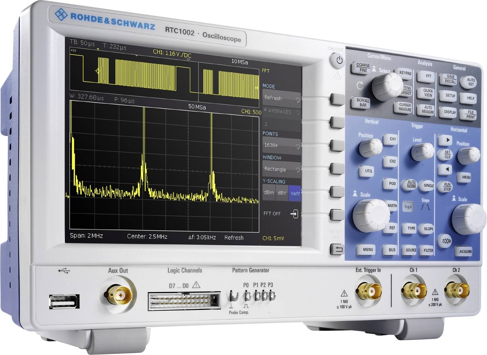 Oscilloscope with two digital displays showing electrical signals in wave form. Measurements and control knobs visible.