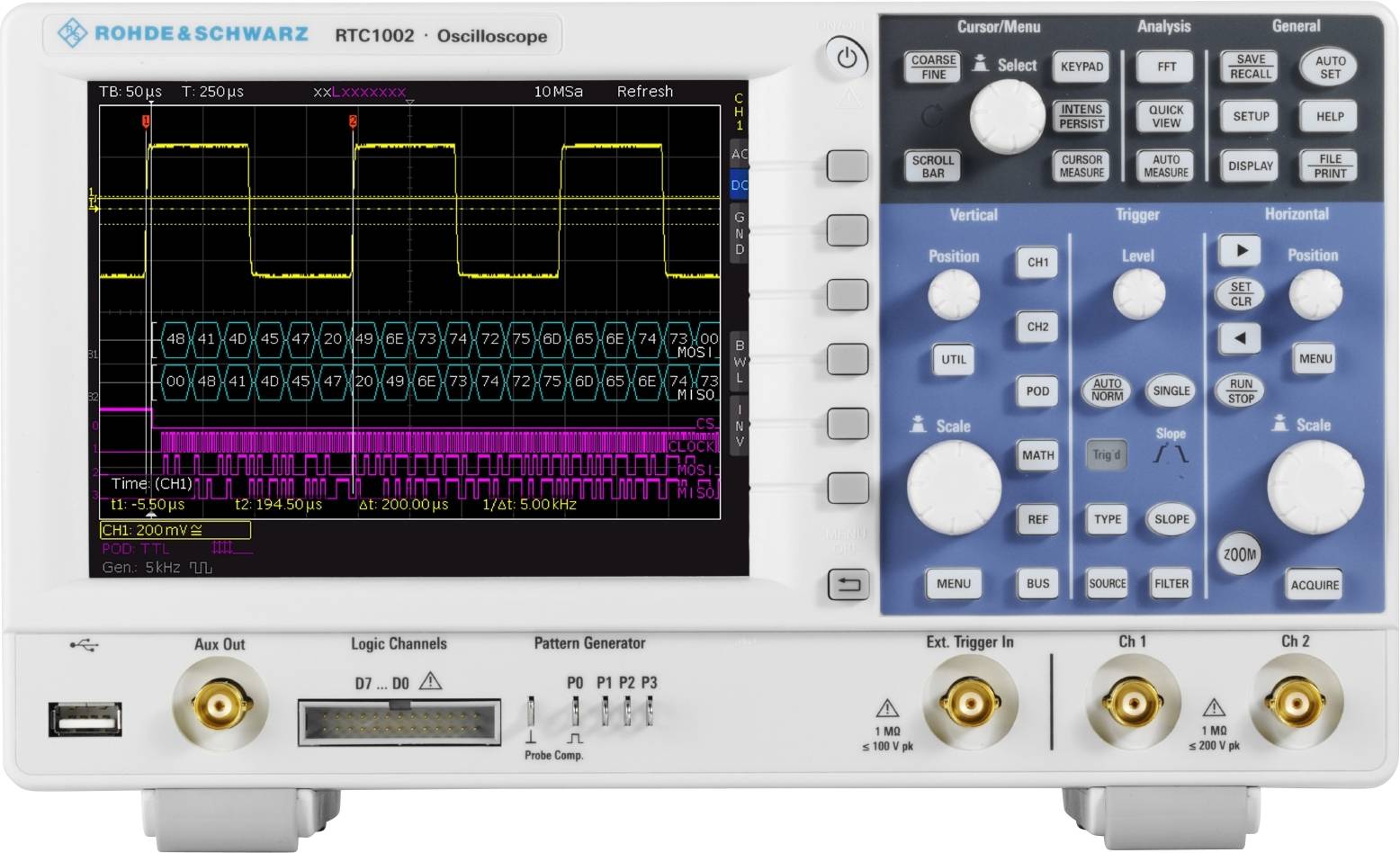 Oscilloscope with graphical representations of signals on the screen. Various controls and connections visible at the bottom.