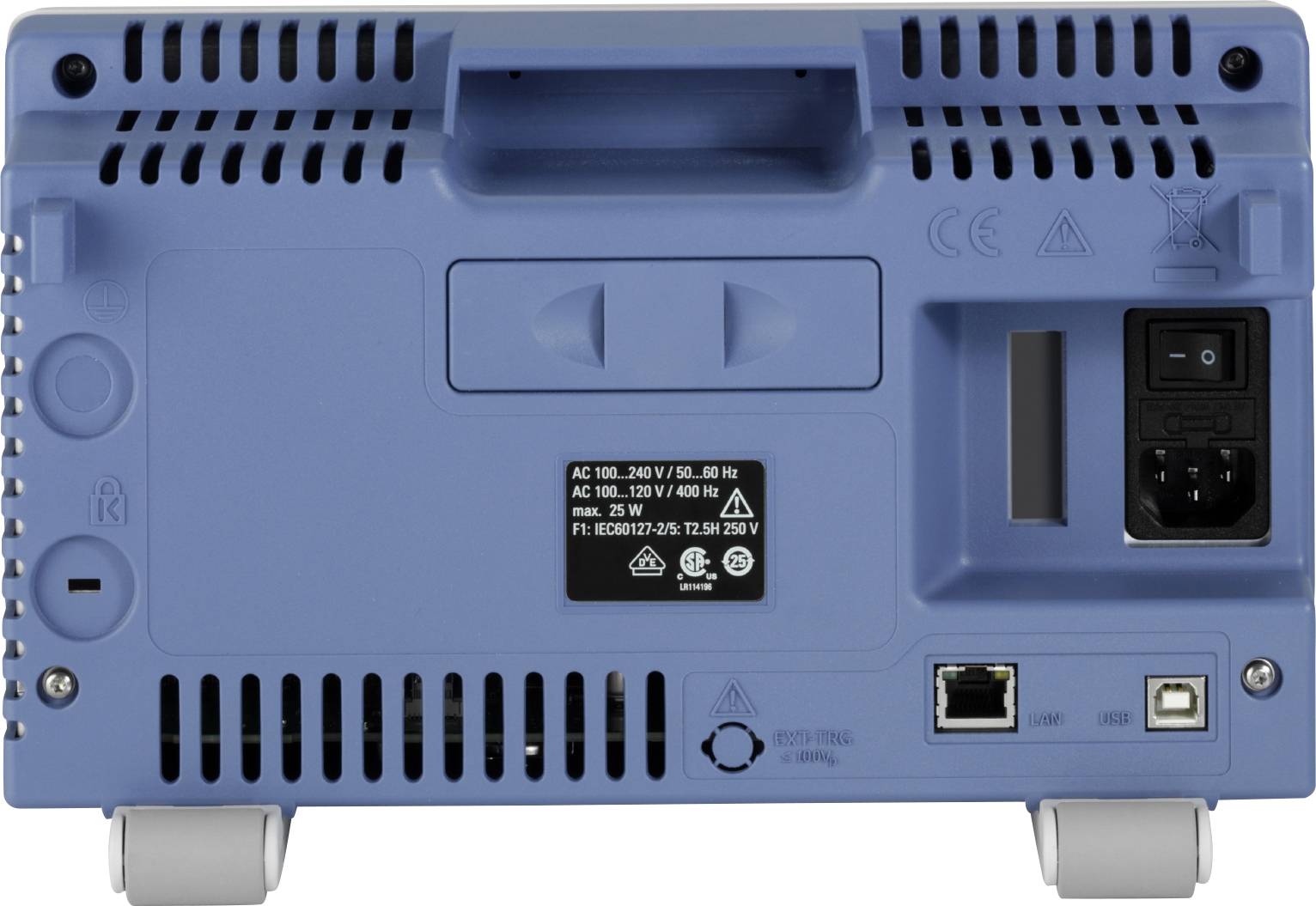 Back of a blue electronic device with a power switch, ventilation slots, and multiple ports, including an Ethernet port.