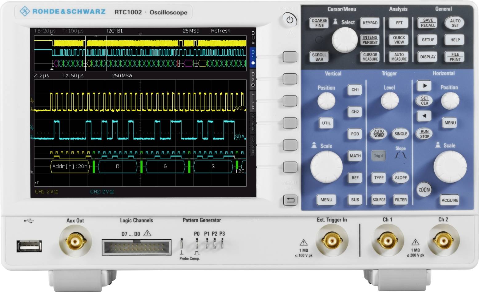 Oscilloscope with graphical display of signal data on the screen, multiple controls and connections on the front panel.