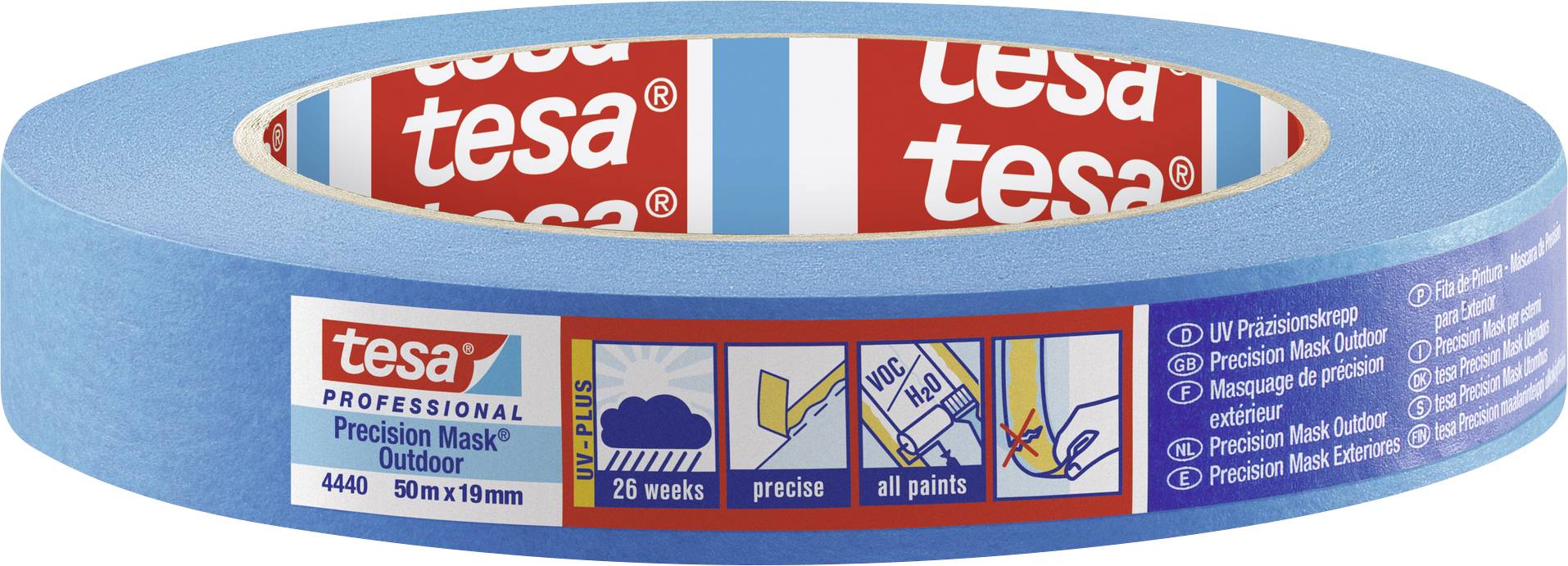 Blue 'tesa' adhesive tape roll for outdoor use, 50m x 19mm. Suitable for all colours, 26 weeks UV-resistant.