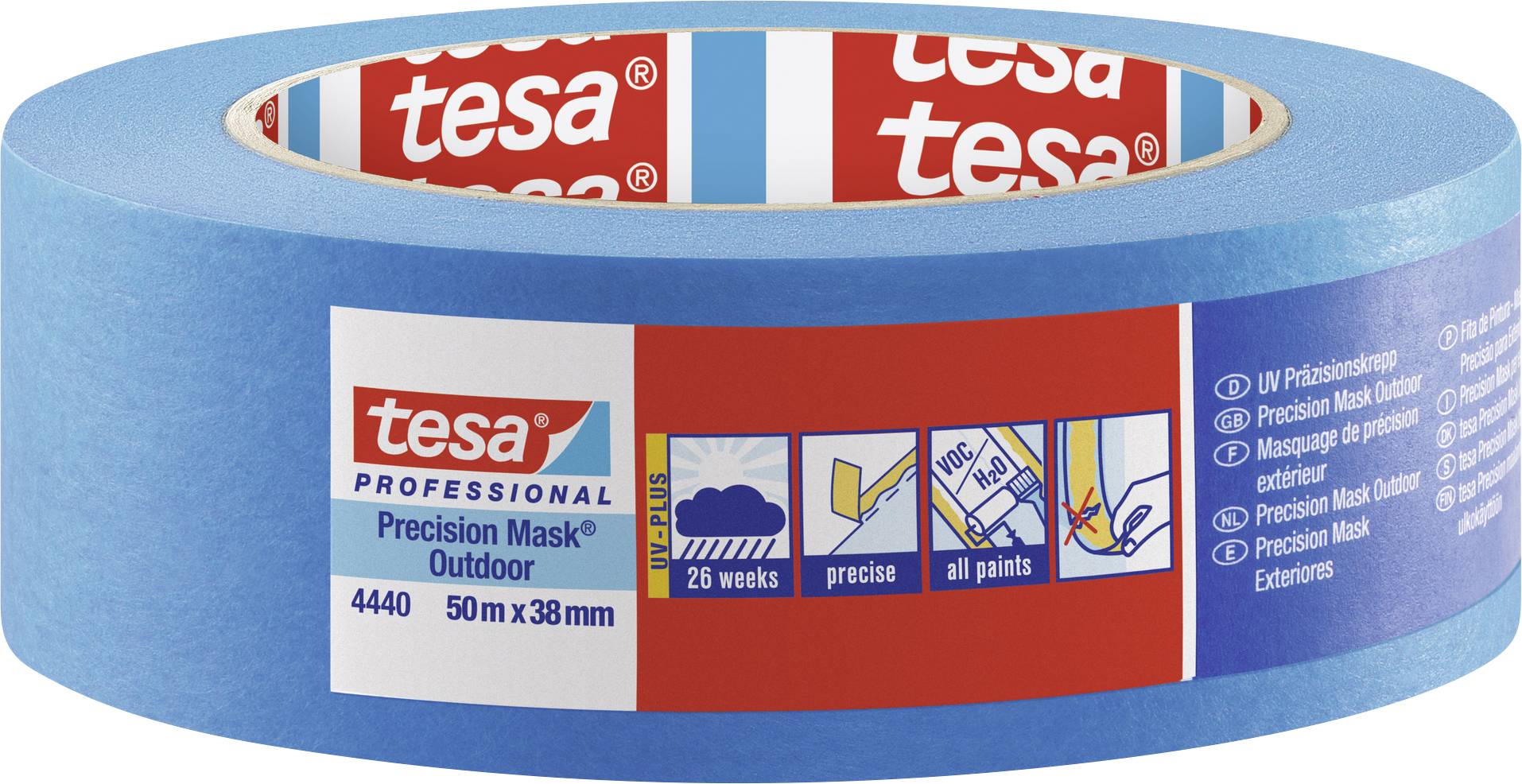 Blue painter's masking tape by tesa, 50 m x 38 mm, for exterior use, durable up to 26 weeks, suitable for all paint colours.