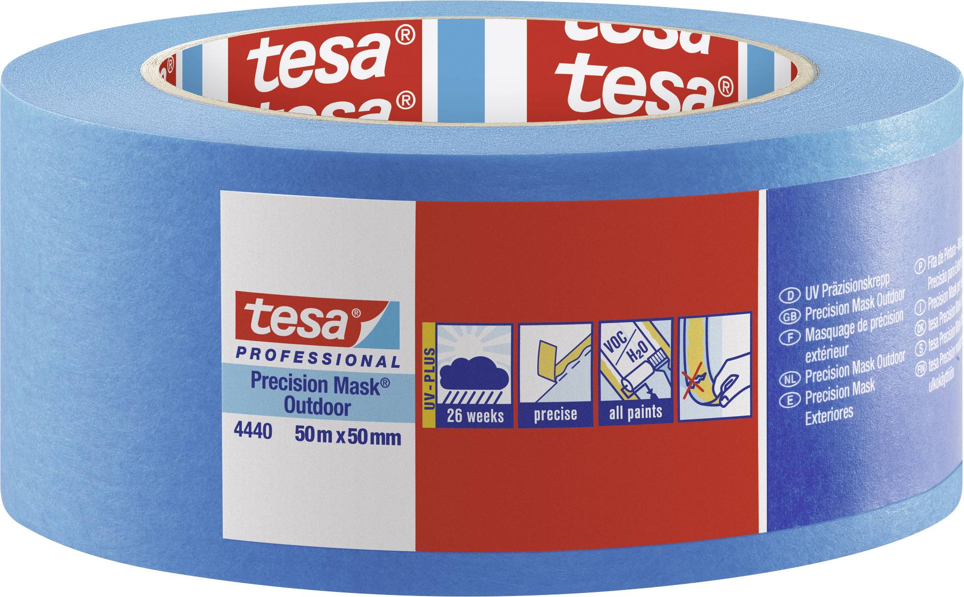 Blue Tesa Professional painter's masking tape, suitable for exterior use, 50 mm x 50 m, precise coverage, weather-resistant.