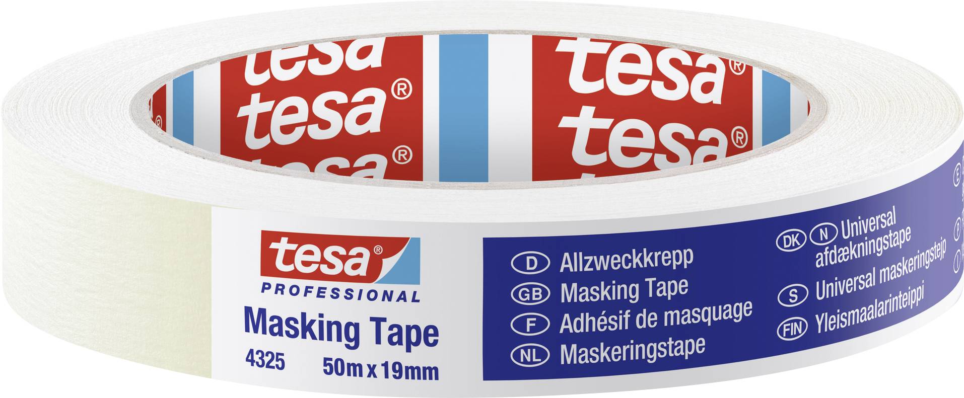 A roll of Tesa masking tape, 50 metres long and 19 millimetres wide, primarily white with a red brand print.