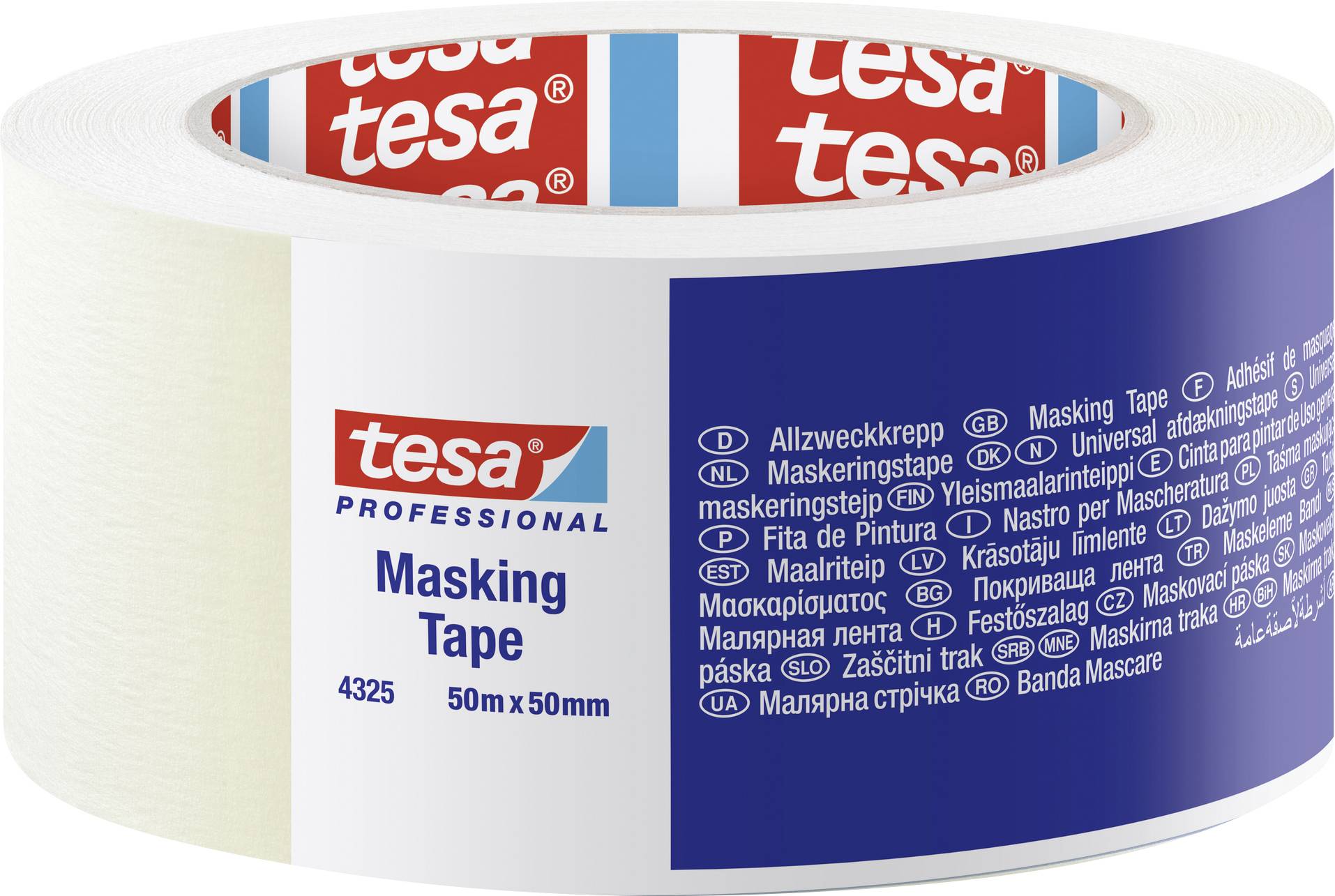 Tesa Masking Tape, 50m x 50mm, with multilingual label. Suitable for professional applications and universal masking tasks.