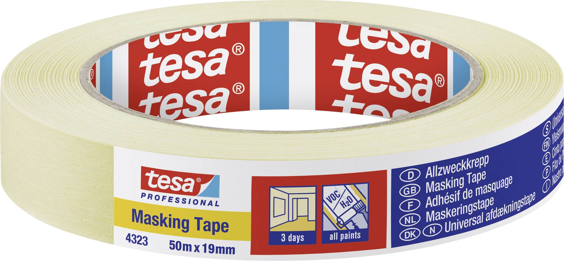 Tesa Masking Tape Roll, 50 m x 19 mm, suitable for all colours, multi-purpose application. Packaging highlights brand name.