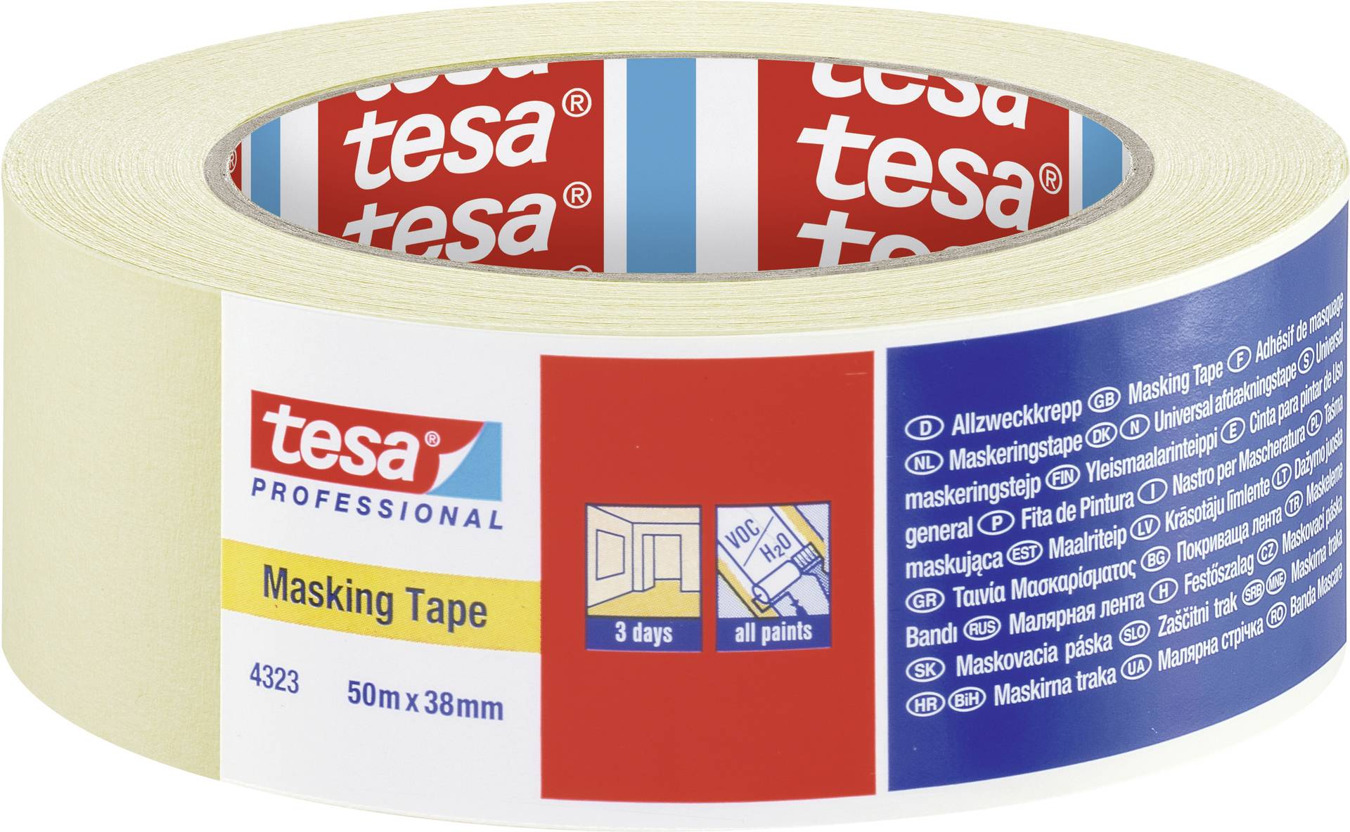 Tesa adhesive tape roll in blue and red packaging, suitable for universal use, 50m x 38mm.