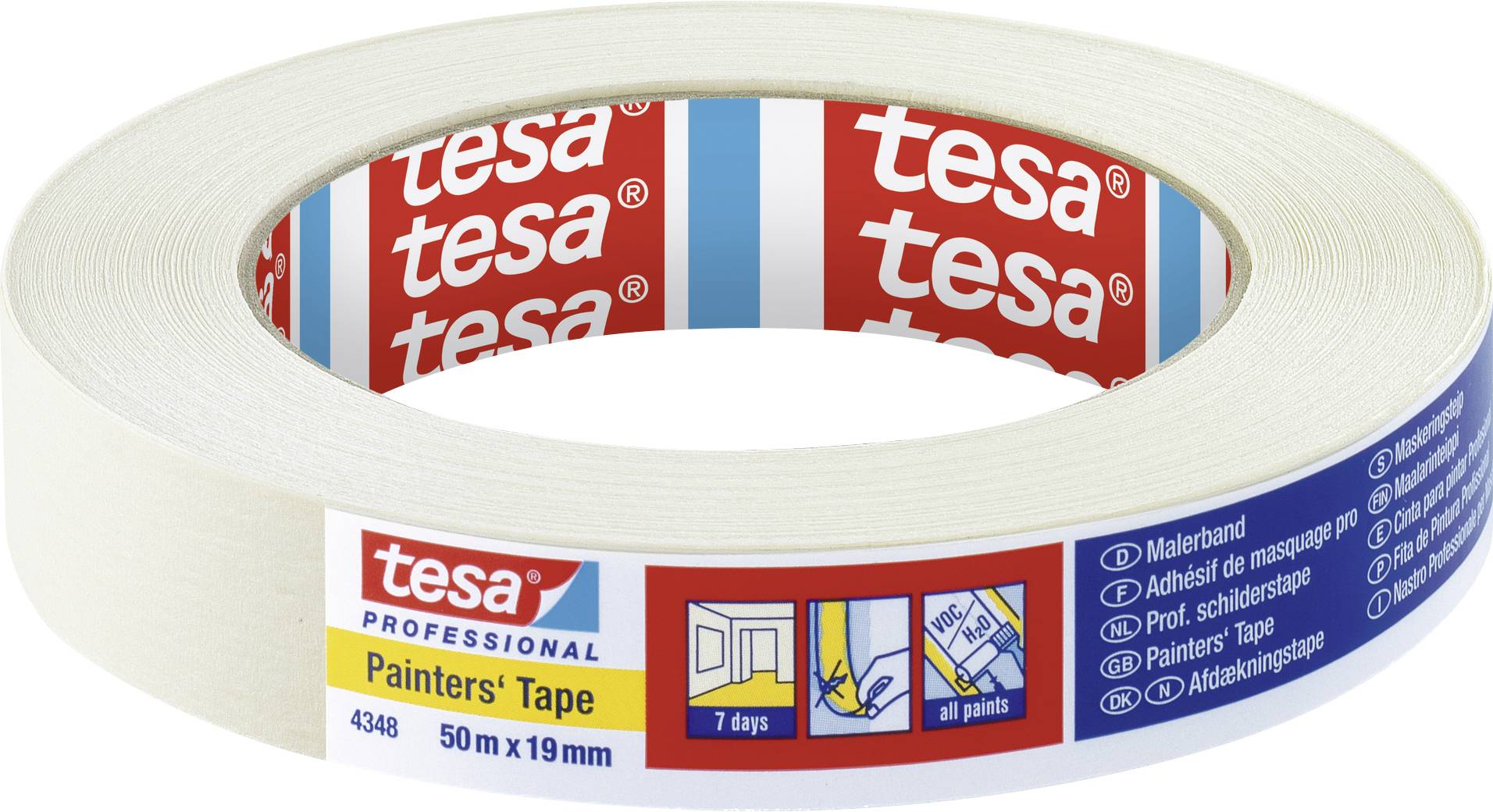 A roll of Tesa adhesive tape, 50m long and 19mm wide, with label for professional painting work.