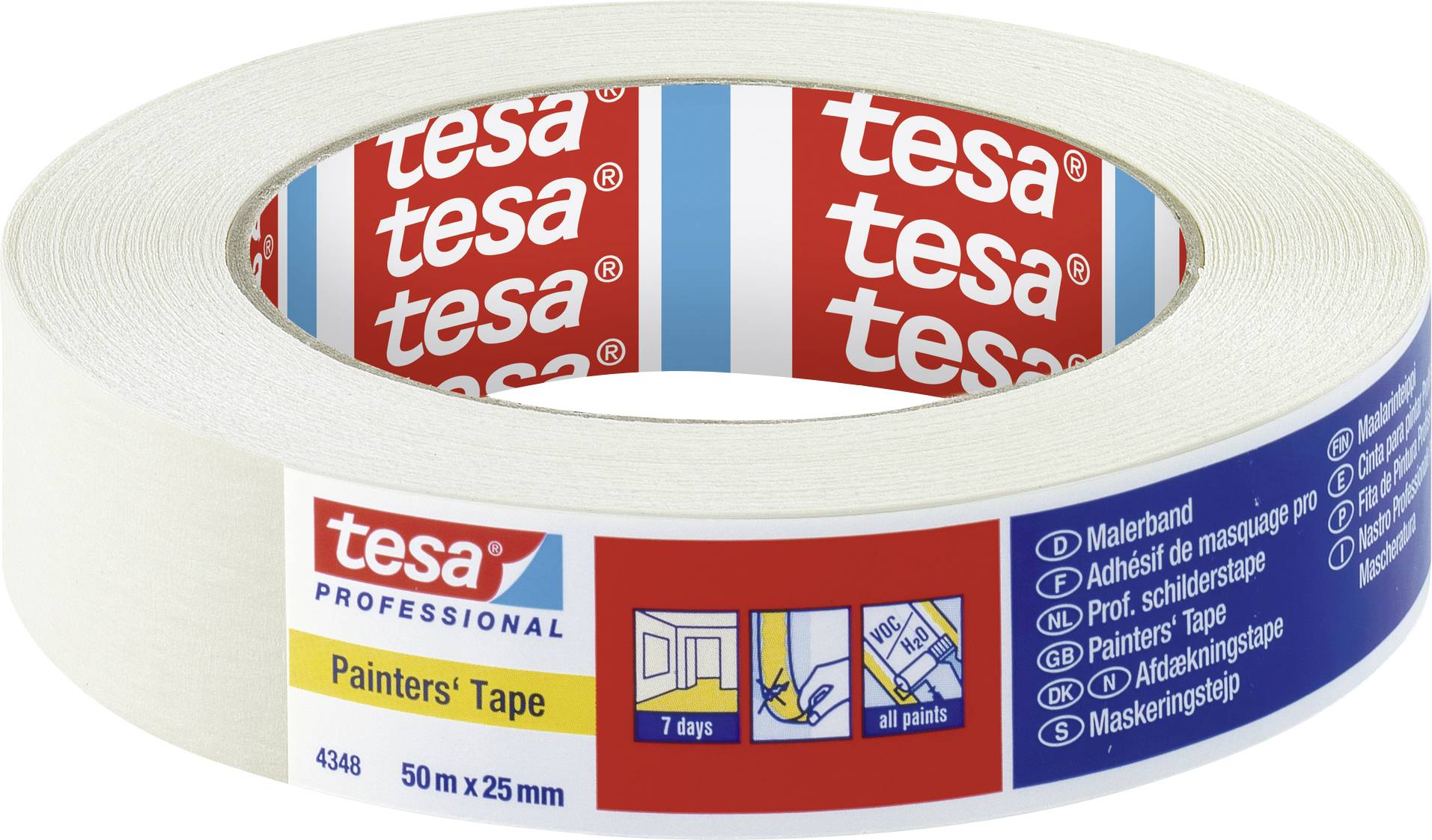 Masking tape on a roll, brand 'tesa', labelled as painter's tape, size 50 m x 25 mm. Packaging shows application examples and storage instructions.