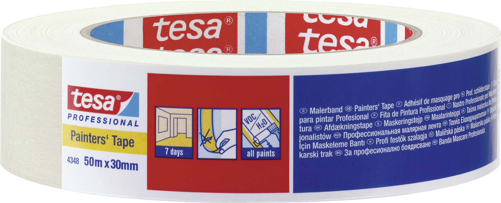 Tesa painter's masking tape, 50m x 30mm, suitable for all paints, promises easy removal after 7 days.
