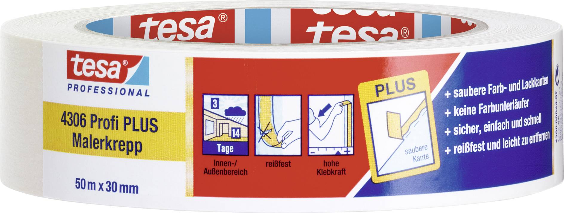 A roll of tesa Masking Tape 4306 Profi PLUS, 50 m x 30 mm. Properties: tear-resistant, easily removable, suitable for indoor and outdoor use.