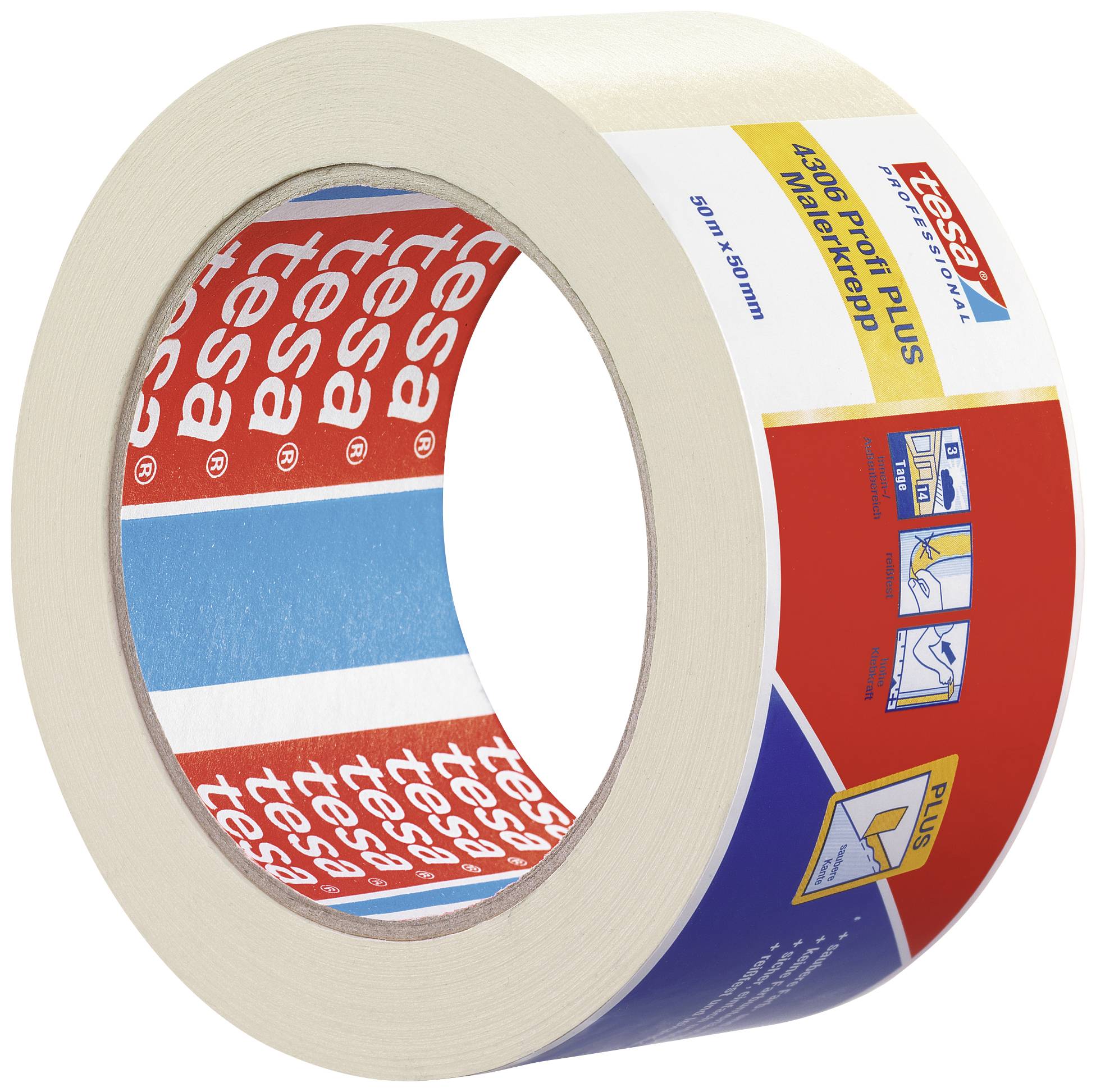 Role of Tesa Masking Tape 4365, 50 mm x 50 m. For masking work. Red packaging with instructions and symbols.