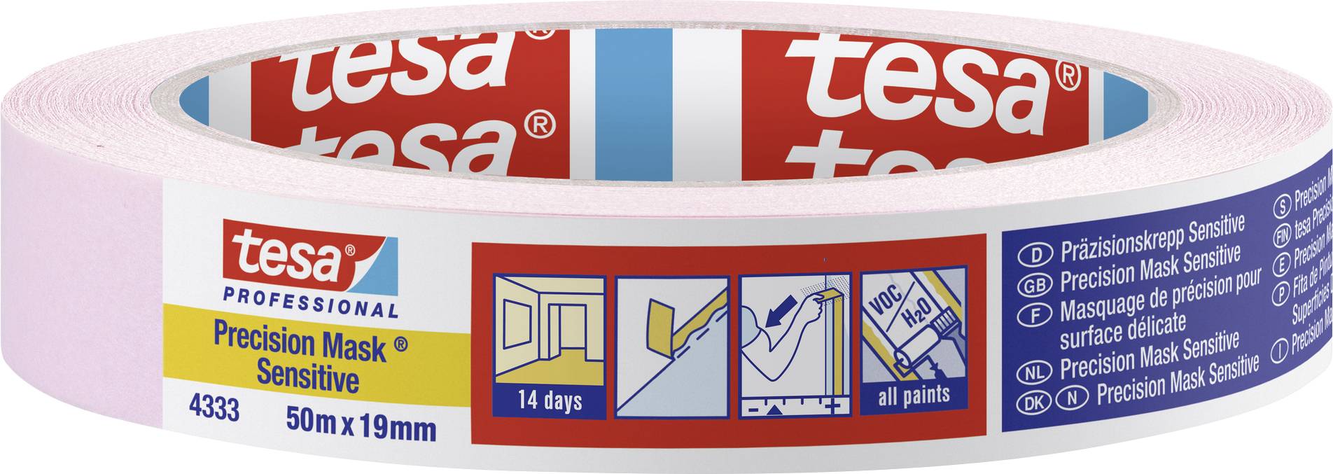 A roll of tesa Precision Mask Sensitive Masking Tape. Suitable for delicate surfaces. 50m x 19mm, cleanly removable for up to 14 days.