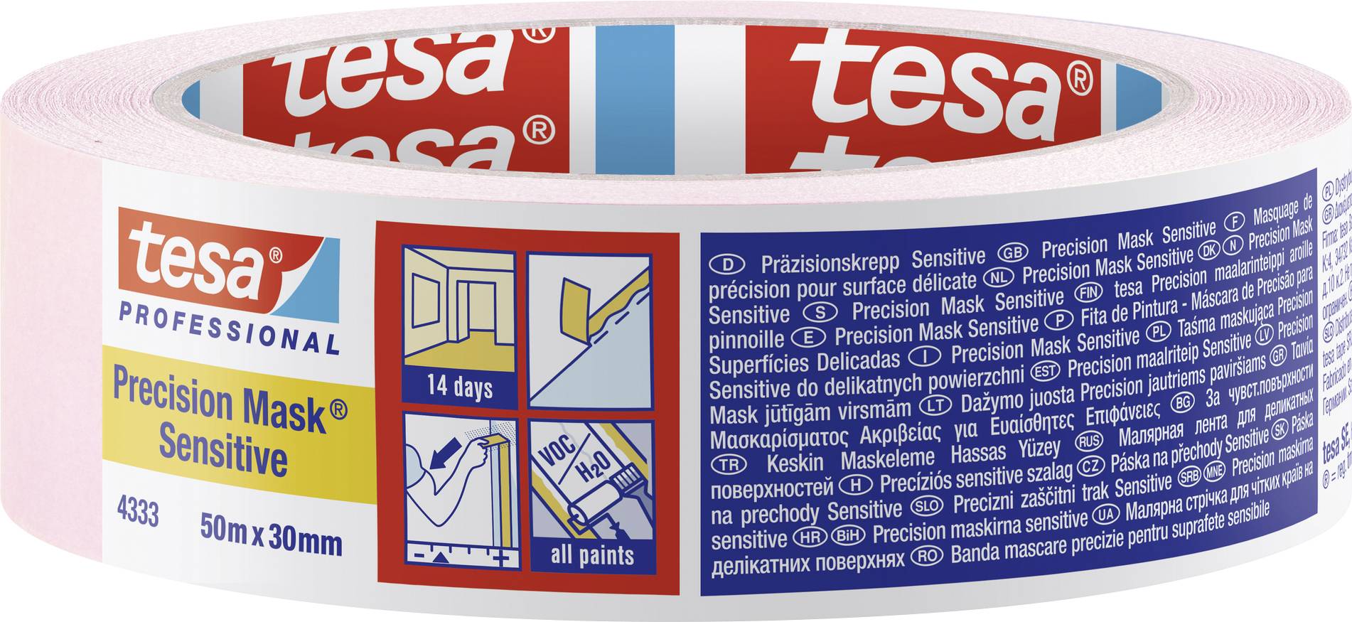 'Tesa Precision Mask Sensitive' Adhesive Tape Roll, 50m x 30mm. For sensitive surfaces, residue-free after 14 days, suitable for all colours.