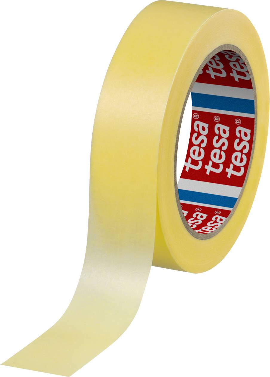 Yellow adhesive tape with the inscription 'tesa'. The process of unrolling the tape is visible.