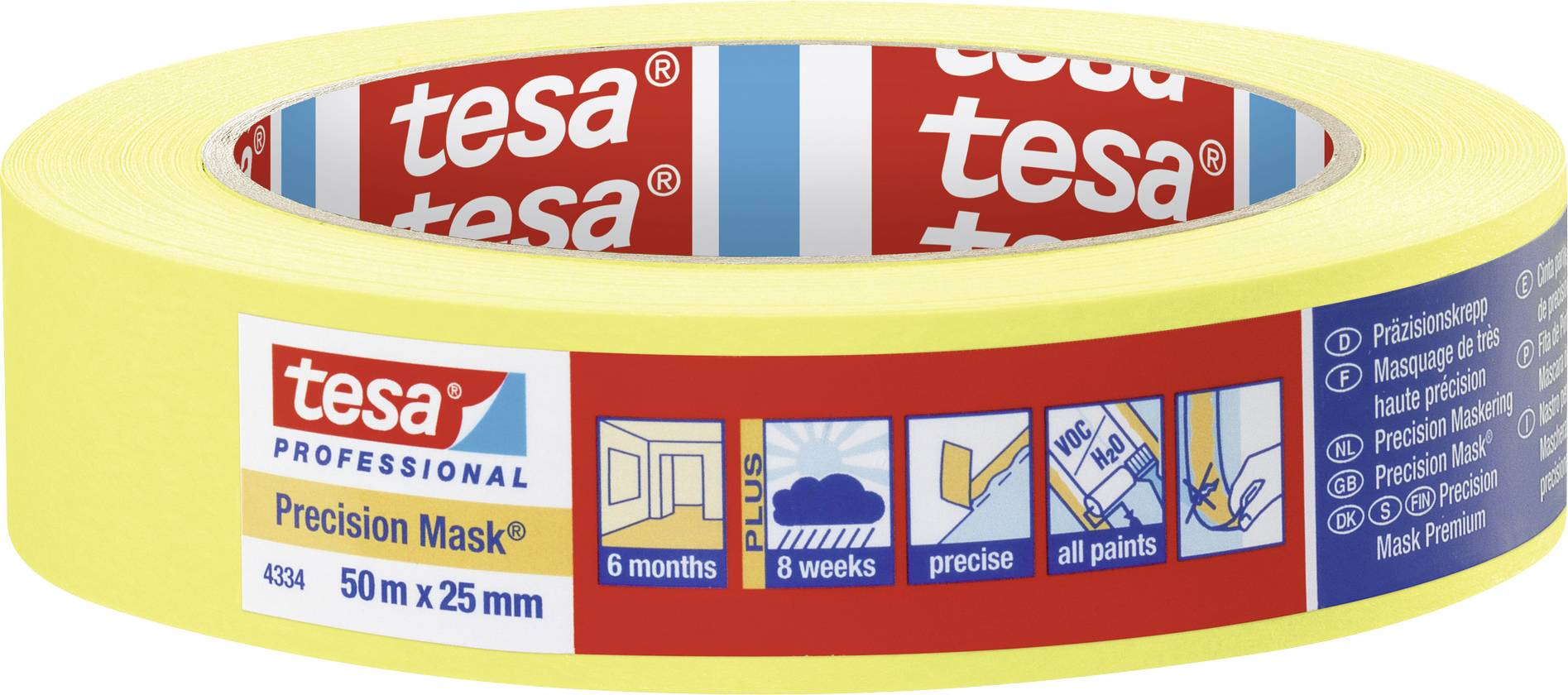 A roll of yellow painter's masking tape by the brand 'tesa', with the print 'Precision Mask'. Length: 50 m, width: 25 mm. Suitable for precise work.