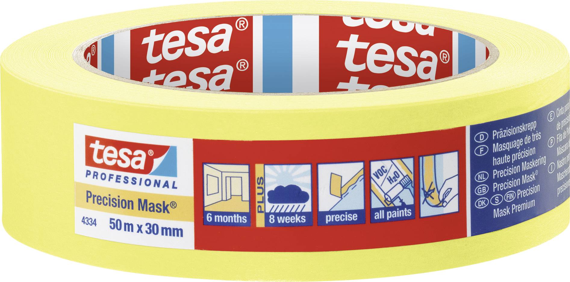 Tesa Painter's Masking Tape, 50 mm x 30 m, yellow. Suitable for precise masking; holds for up to 8 weeks indoors.