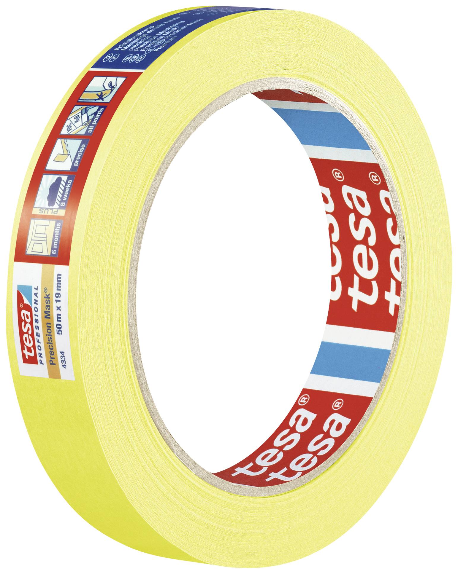 Yellow adhesive tape with the brand print 'tesa'. Used for masking during painting work. Product features on the packaging.