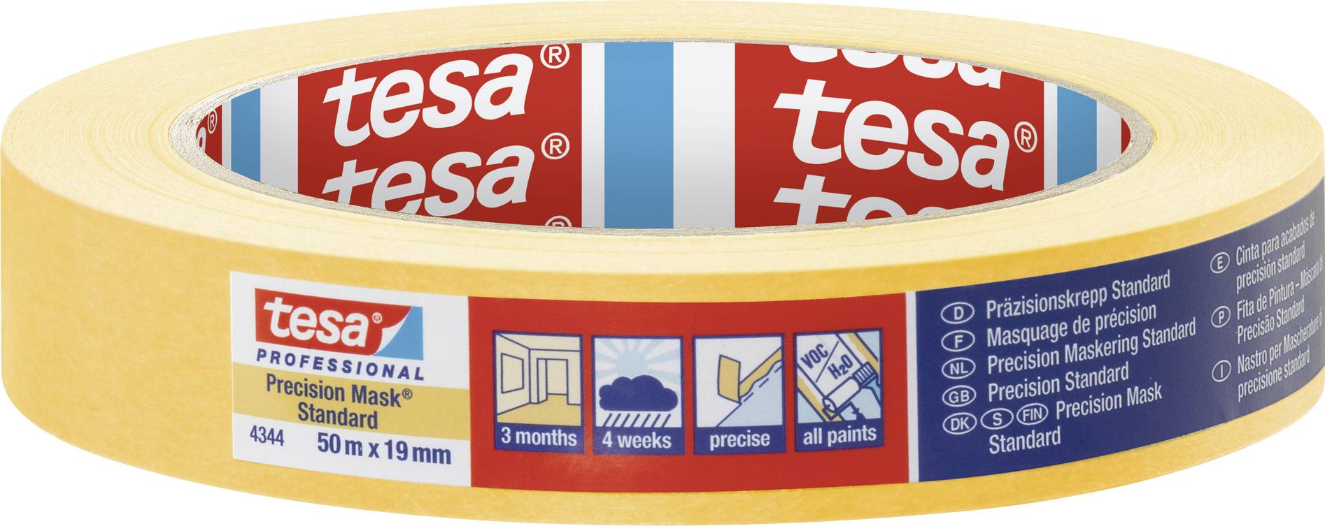 Tesa Masking Tape, 'Precision Mask Standard', 50 m x 19 mm. Yellow, for precise masking, holds for 3 months, suitable for all paint types.