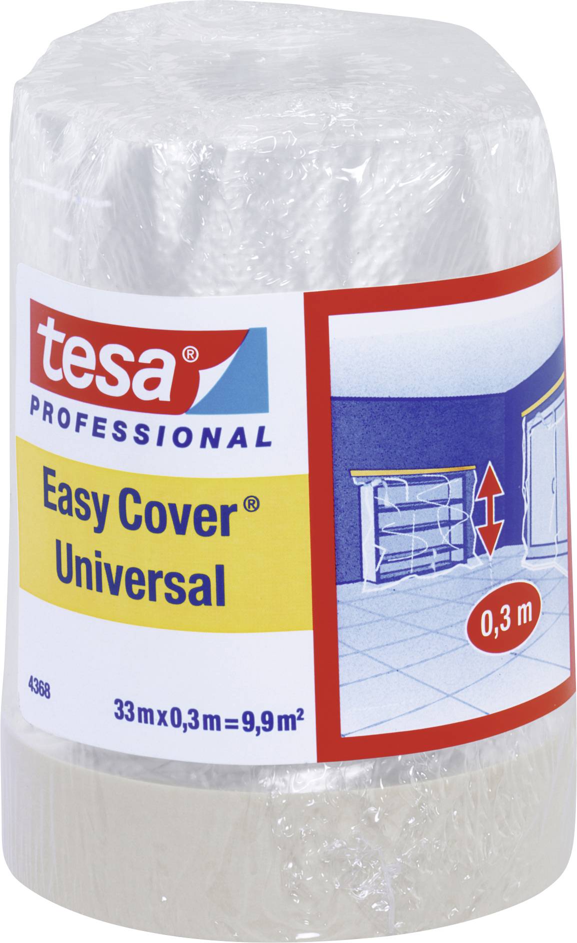 Roll of masking tape with protective film, Tesa Professional brand, suitable for large areas, label shows dimensions: 33m x 0.3m = 9.9m².